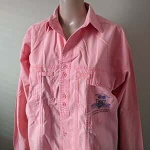 Vintage Bugle Boy embroidered samon bottom down shirt, men's medium